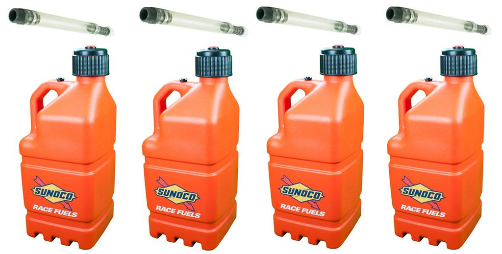 4 Pack Sunoco 5 Gallon Orange Racing Utility Jugs and 4 Filler Hoses